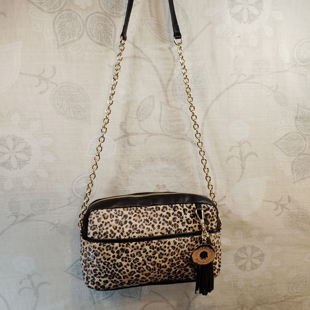 Isaac Mizrahi Leopard Print Crossbody Bag with Black and Gold Chain - Picture 2 of 9